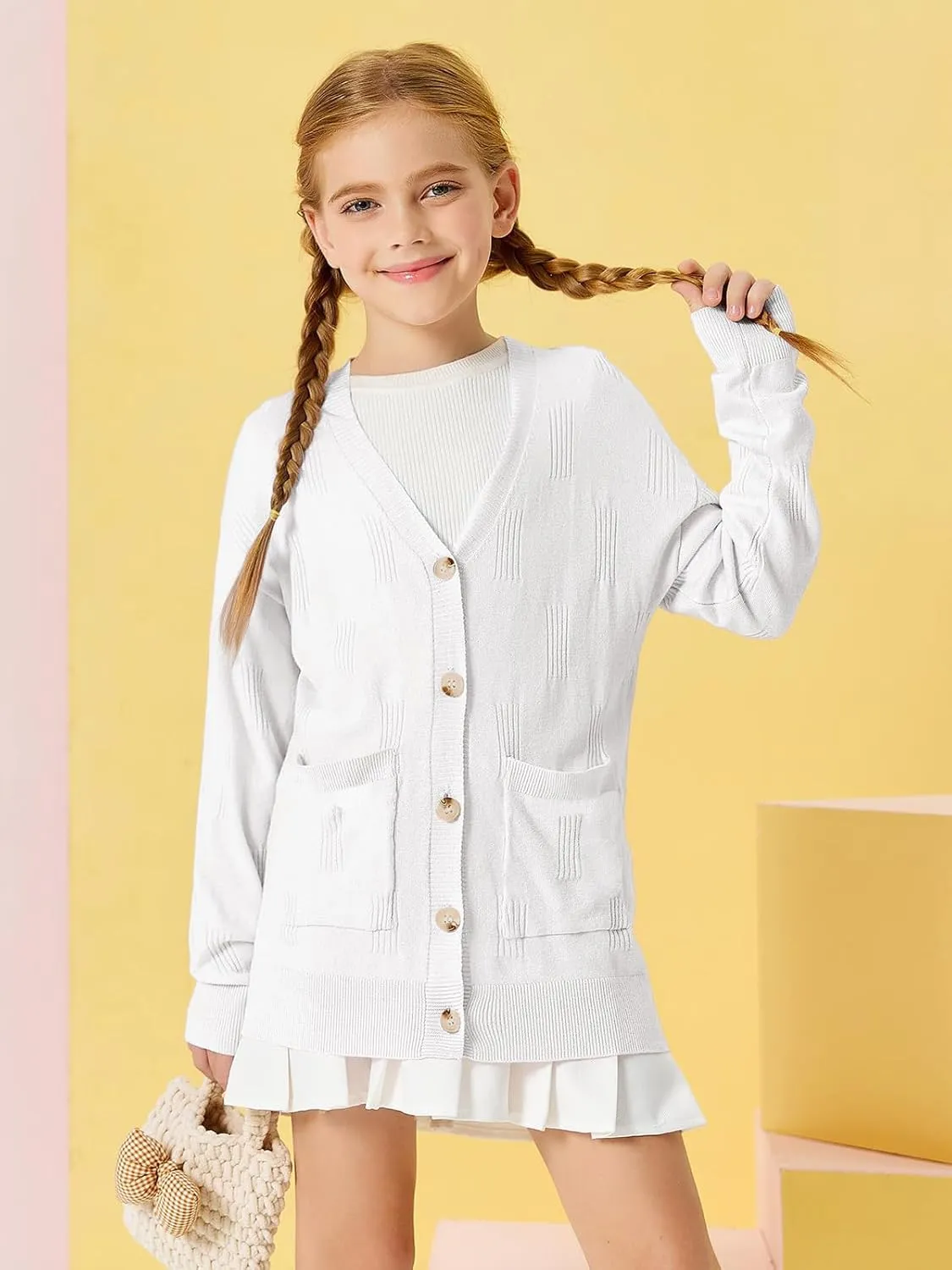 Girls Cardigans Kids Fashion Open Front Long Sleeve Knit Sweaters Outerwear with Pockets 5-14 Years