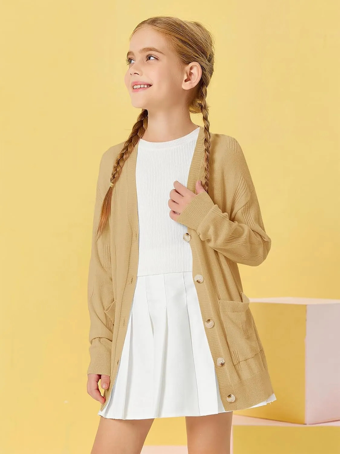 Girls Cardigans Kids Fashion Open Front Long Sleeve Knit Sweaters Outerwear with Pockets 5-14 Years