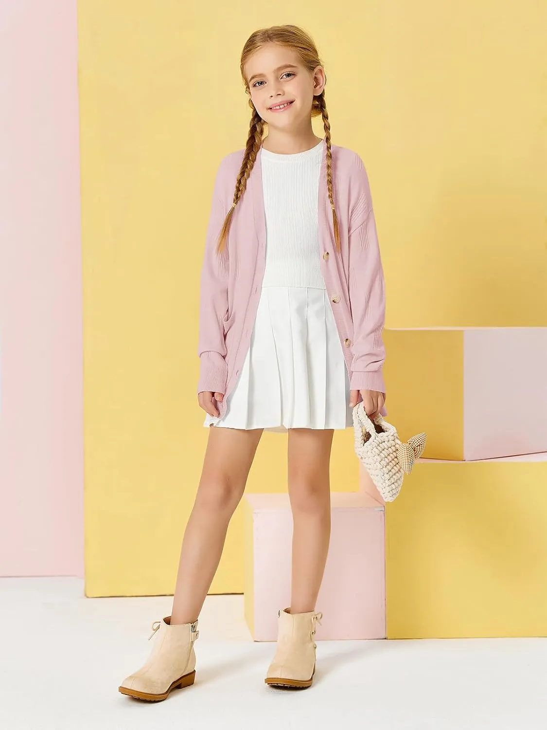 Girls Cardigans Kids Fashion Open Front Long Sleeve Knit Sweaters Outerwear with Pockets 5-14 Years