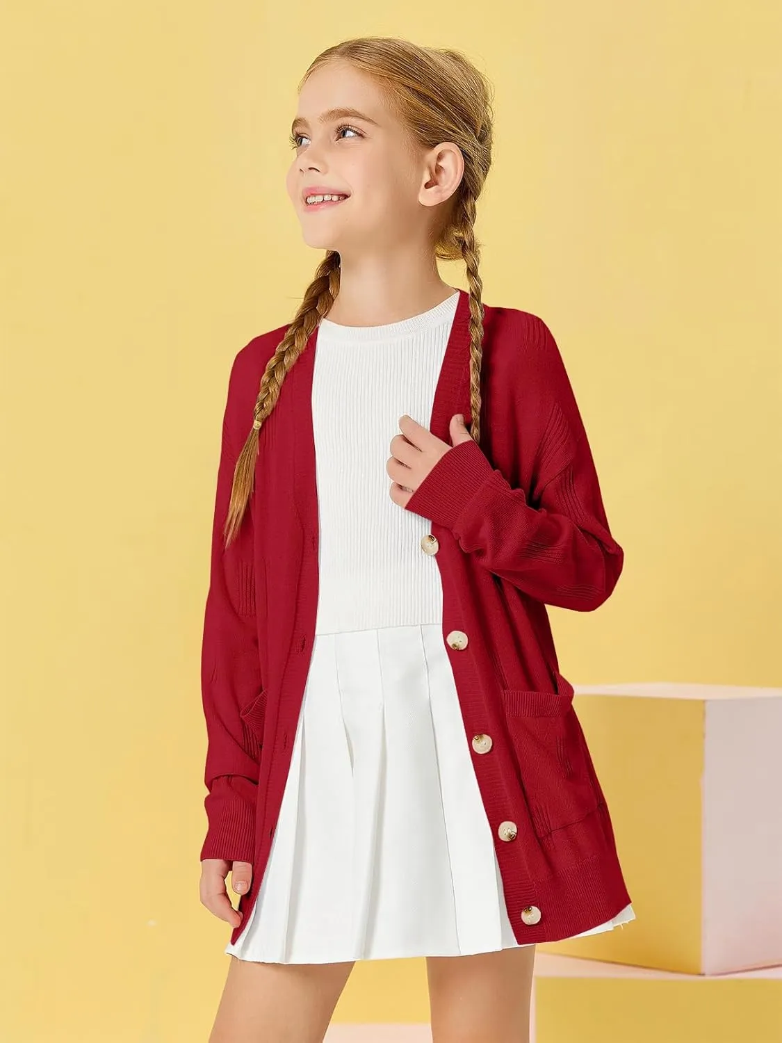 Girls Cardigans Kids Fashion Open Front Long Sleeve Knit Sweaters Outerwear with Pockets 5-14 Years