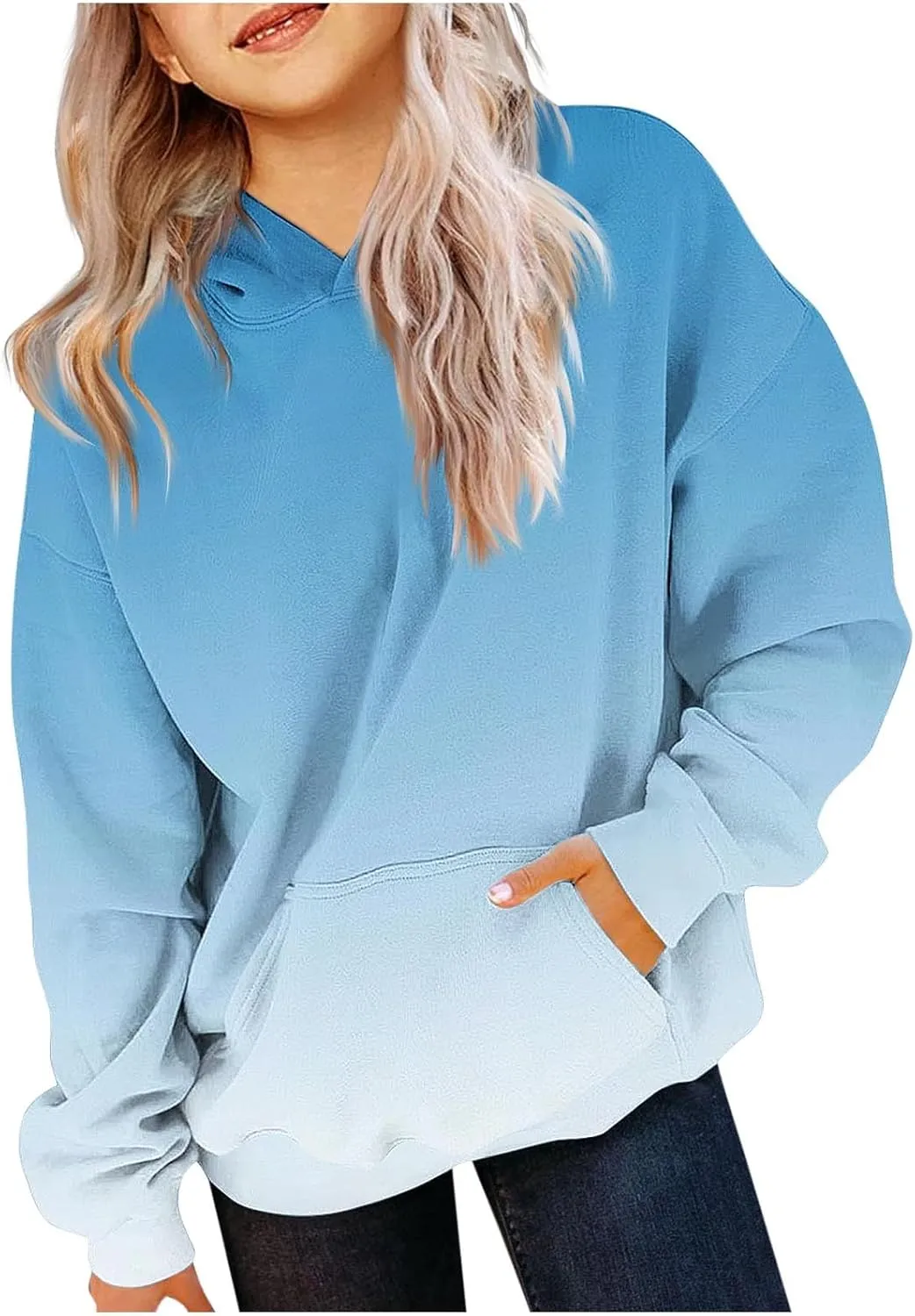 Girls Oversized Hoodie Shirts Dressy Casual Long Sleeve Gradient Color Hooded Pullover Tops Loose Kids Preppy Clothes