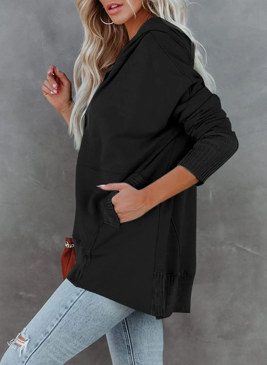 GLIENST Womens Casual Tunic Button Down V Neck Hoodies Oversized Pullover Sweatshirts Hooded Tops with Pockets