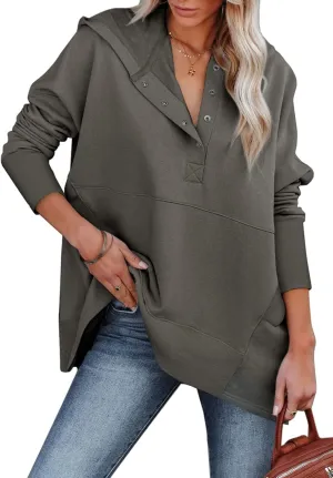 GLIENST Womens Casual Tunic Button Down V Neck Hoodies Oversized Pullover Sweatshirts Hooded Tops with Pockets