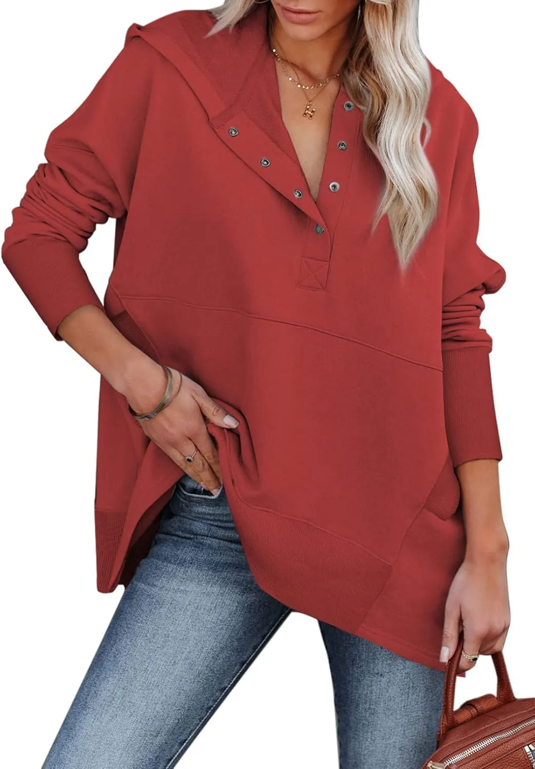 GLIENST Womens Casual Tunic Button Down V Neck Hoodies Oversized Pullover Sweatshirts Hooded Tops with Pockets