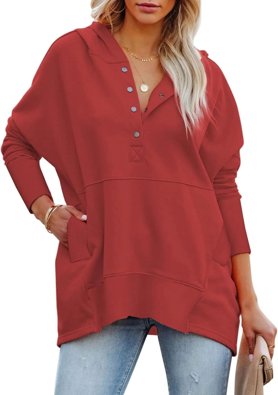 GLIENST Womens Casual Tunic Button Down V Neck Hoodies Oversized Pullover Sweatshirts Hooded Tops with Pockets