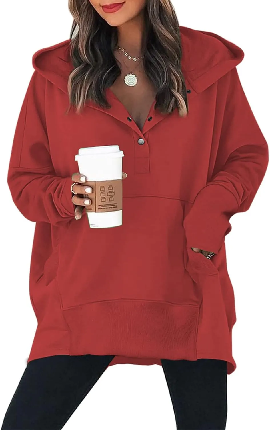GLIENST Womens Casual Tunic Button Down V Neck Hoodies Oversized Pullover Sweatshirts Hooded Tops with Pockets