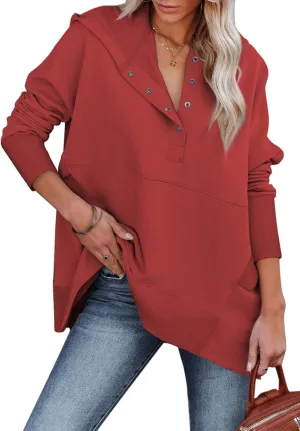 GLIENST Womens Casual Tunic Button Down V Neck Hoodies Oversized Pullover Sweatshirts Hooded Tops with Pockets