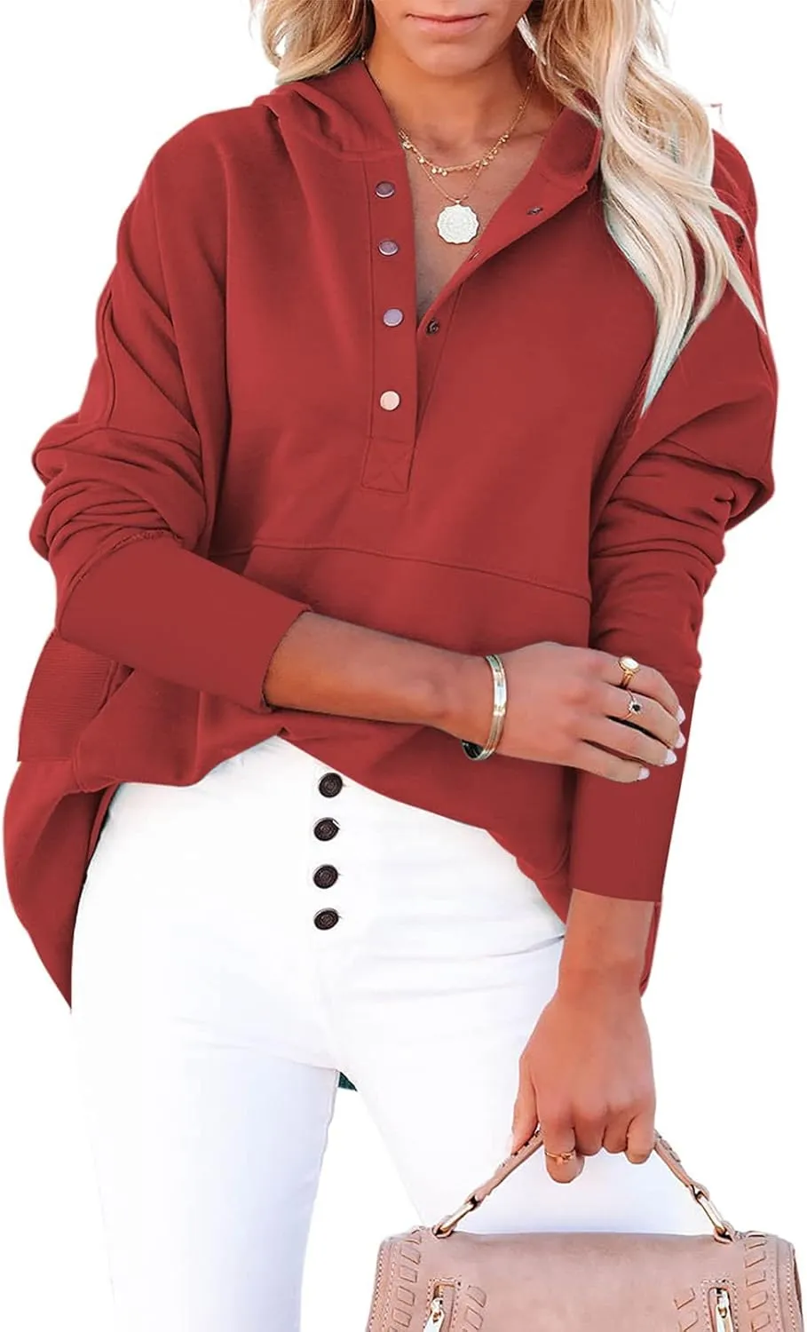 GLIENST Womens Casual Tunic Button Down V Neck Hoodies Oversized Pullover Sweatshirts Hooded Tops with Pockets