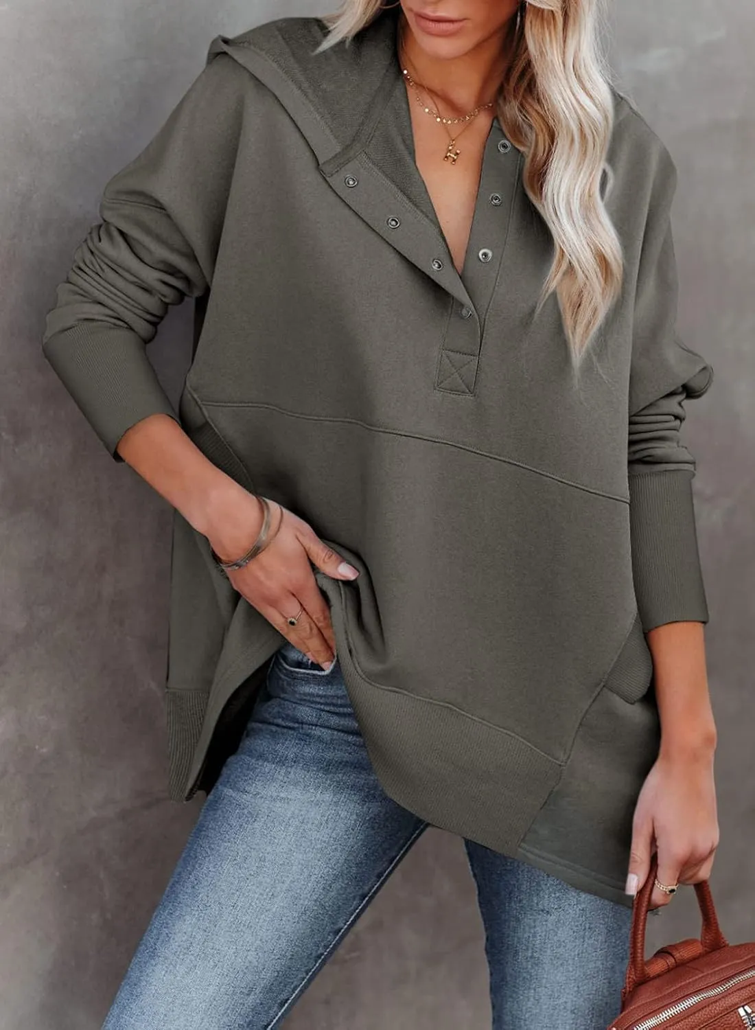 GLIENST Womens Casual Tunic Button Down V Neck Hoodies Oversized Pullover Sweatshirts Hooded Tops with Pockets
