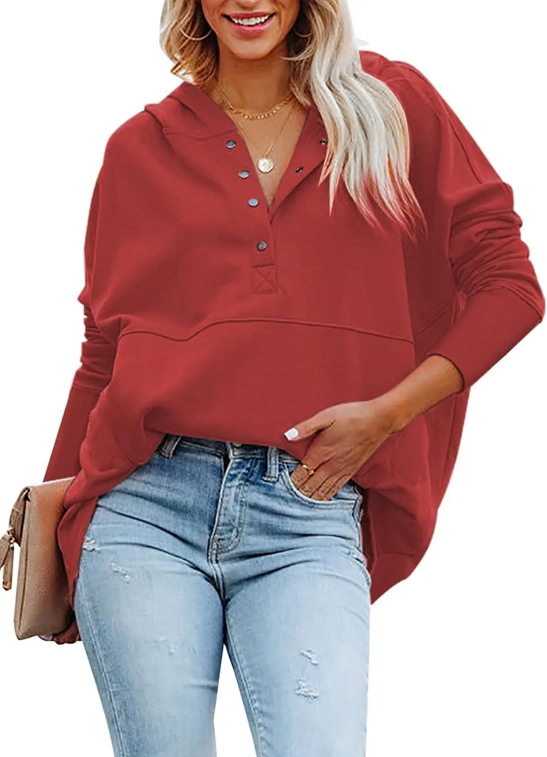 GLIENST Womens Casual Tunic Button Down V Neck Hoodies Oversized Pullover Sweatshirts Hooded Tops with Pockets