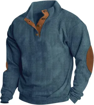 GOFULY Quilted Sweatshirts For Men Corduroy Henley Button Jacket Lightweight Lapel Collar Pullover Long Sleeve Baggy Sweater