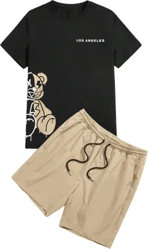 GORGLITTER Men's Letter Graphic Print T Shirts Short Sleeve Top & Shorts Casual Two Piece Sets