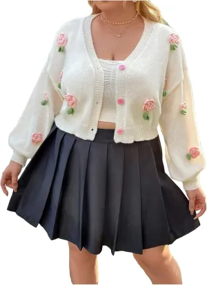 GORGLITTER Women's Plus Size 3D Flower Button Down Cropped Cardigan Colorful Long Sleeve V Neck Lightweight Sweaters