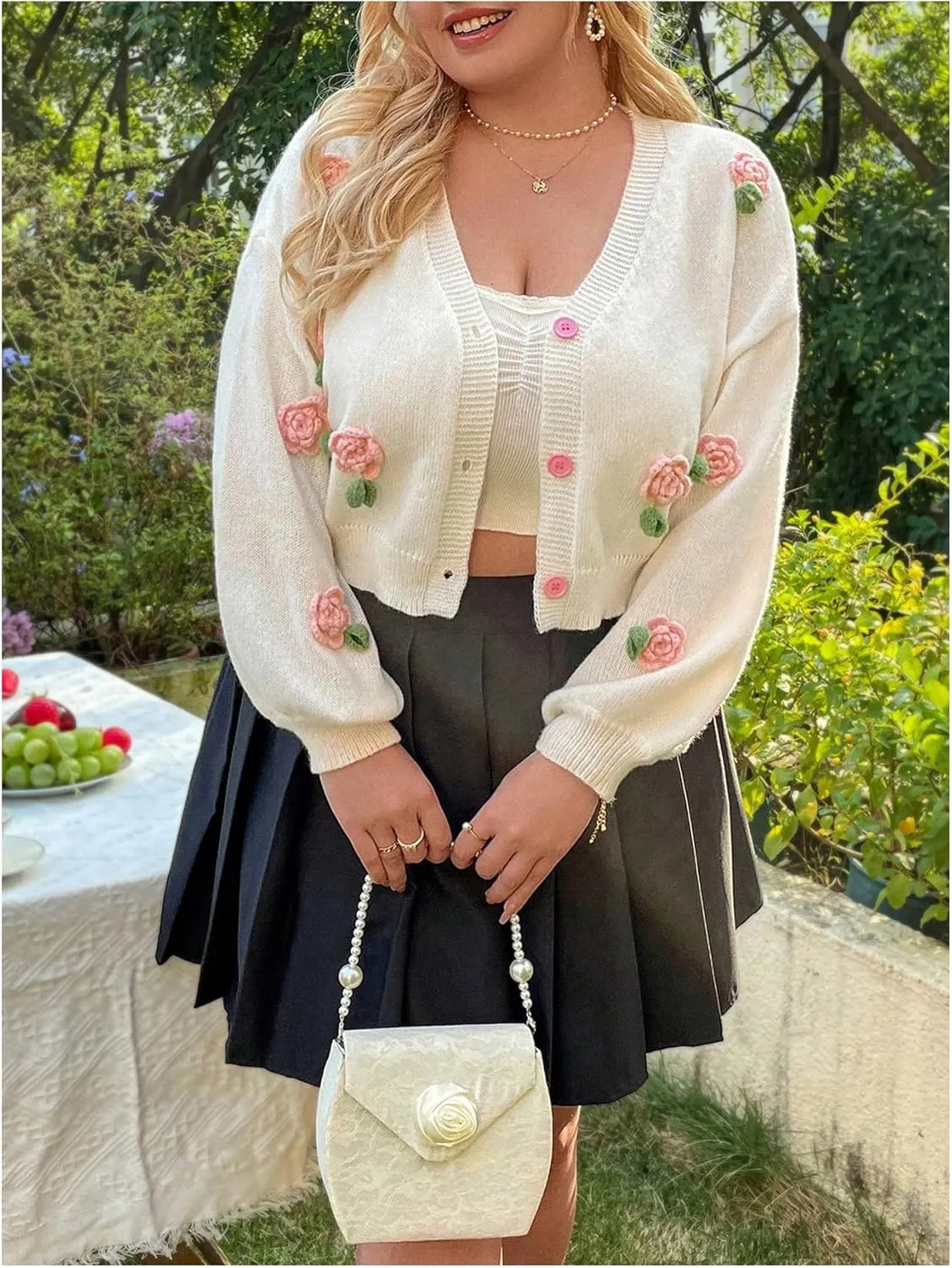 GORGLITTER Women's Plus Size 3D Flower Button Down Cropped Cardigan Colorful Long Sleeve V Neck Lightweight Sweaters