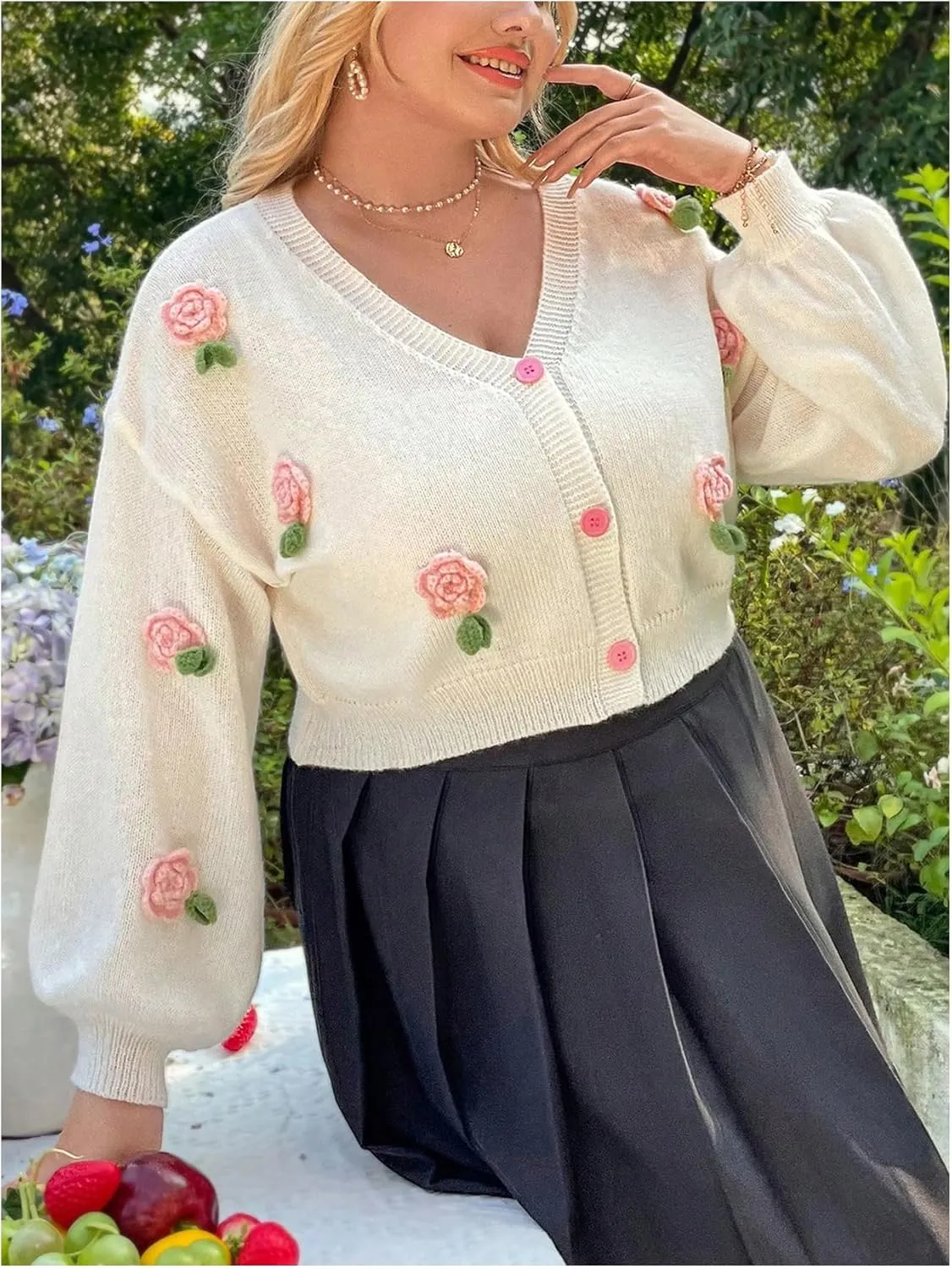GORGLITTER Women's Plus Size 3D Flower Button Down Cropped Cardigan Colorful Long Sleeve V Neck Lightweight Sweaters