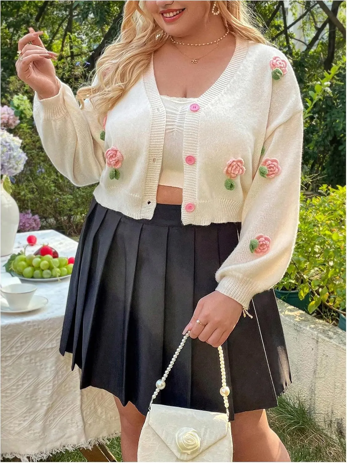 GORGLITTER Women's Plus Size 3D Flower Button Down Cropped Cardigan Colorful Long Sleeve V Neck Lightweight Sweaters