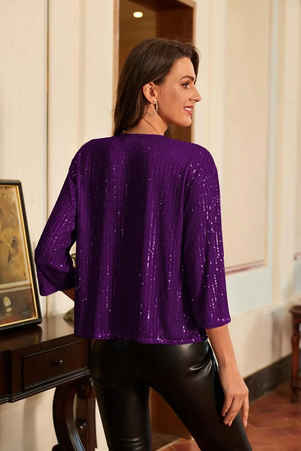 GRACE KARIN 2024 Women's 3/4 Sleeve Sequin Jackets Open Front Sequin Cardigan Sweaters Blazer S-2XL