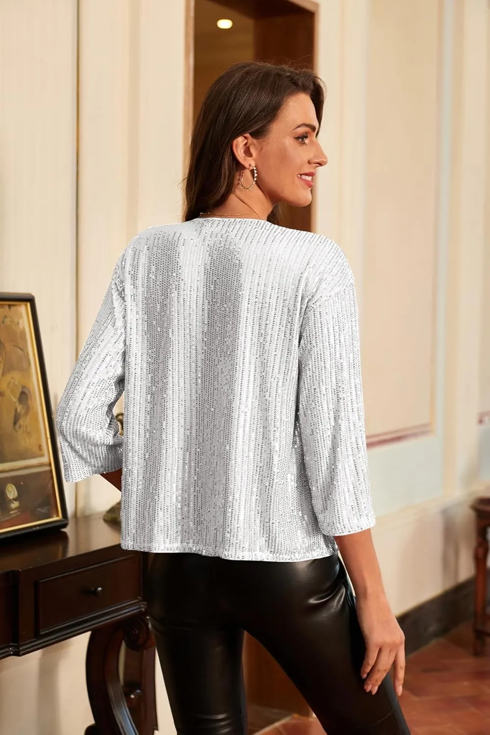 GRACE KARIN 2024 Women's 3/4 Sleeve Sequin Jackets Open Front Sequin Cardigan Sweaters Blazer S-2XL