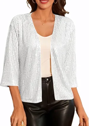 GRACE KARIN 2024 Women's 3/4 Sleeve Sequin Jackets Open Front Sequin Cardigan Sweaters Blazer S-2XL
