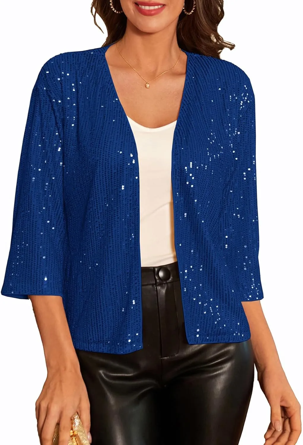 GRACE KARIN 2024 Women's 3/4 Sleeve Sequin Jackets Open Front Sequin Cardigan Sweaters Blazer S-2XL