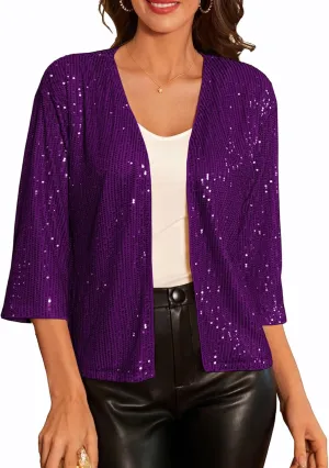 GRACE KARIN 2024 Women's 3/4 Sleeve Sequin Jackets Open Front Sequin Cardigan Sweaters Blazer S-2XL