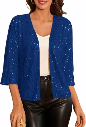 GRACE KARIN 2024 Women's 3/4 Sleeve Sequin Jackets Open Front Sequin Cardigan Sweaters Blazer S-2XL