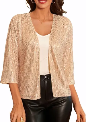 GRACE KARIN 2024 Women's 3/4 Sleeve Sequin Jackets Open Front Sequin Cardigan Sweaters Blazer S-2XL