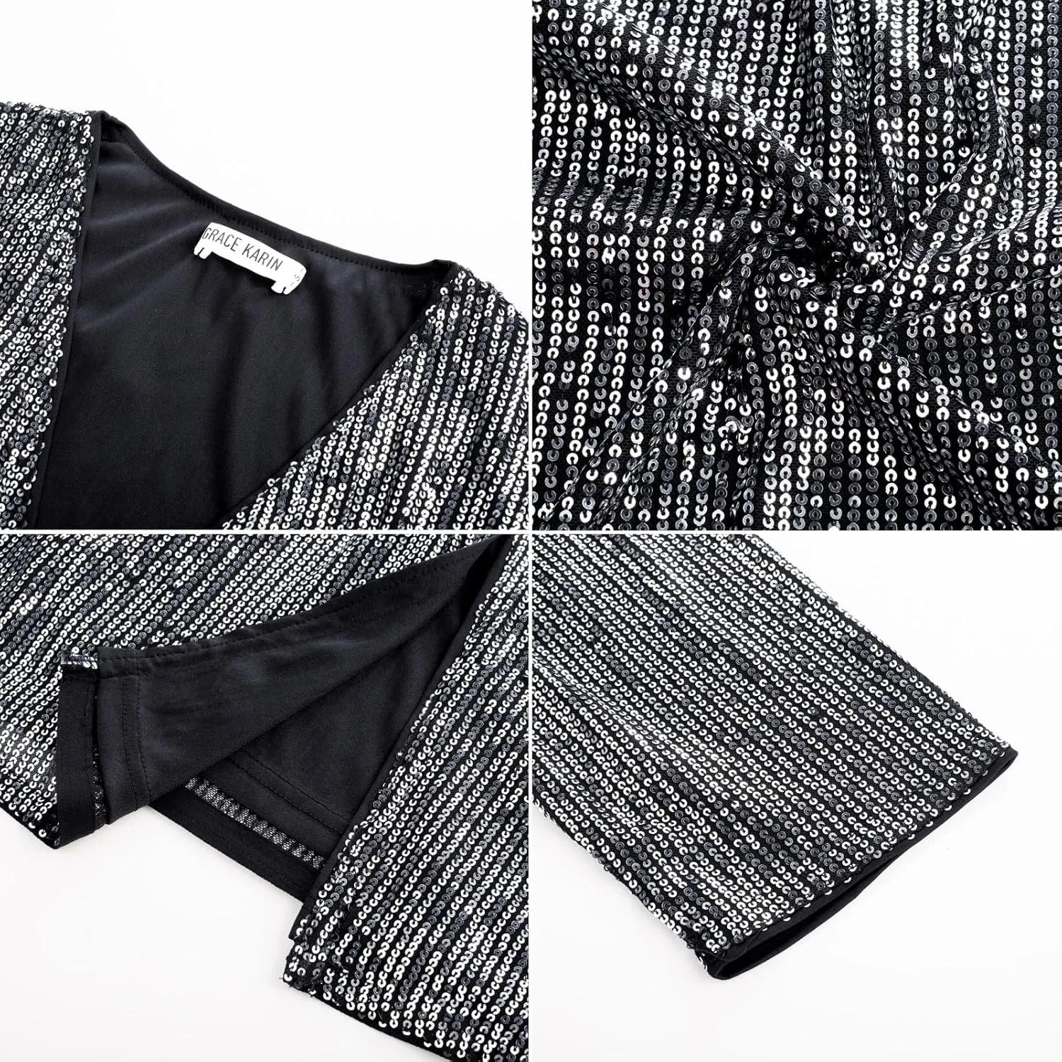 GRACE KARIN 2024 Women's 3/4 Sleeve Sequin Jackets Open Front Sequin Cardigan Sweaters Blazer S-2XL