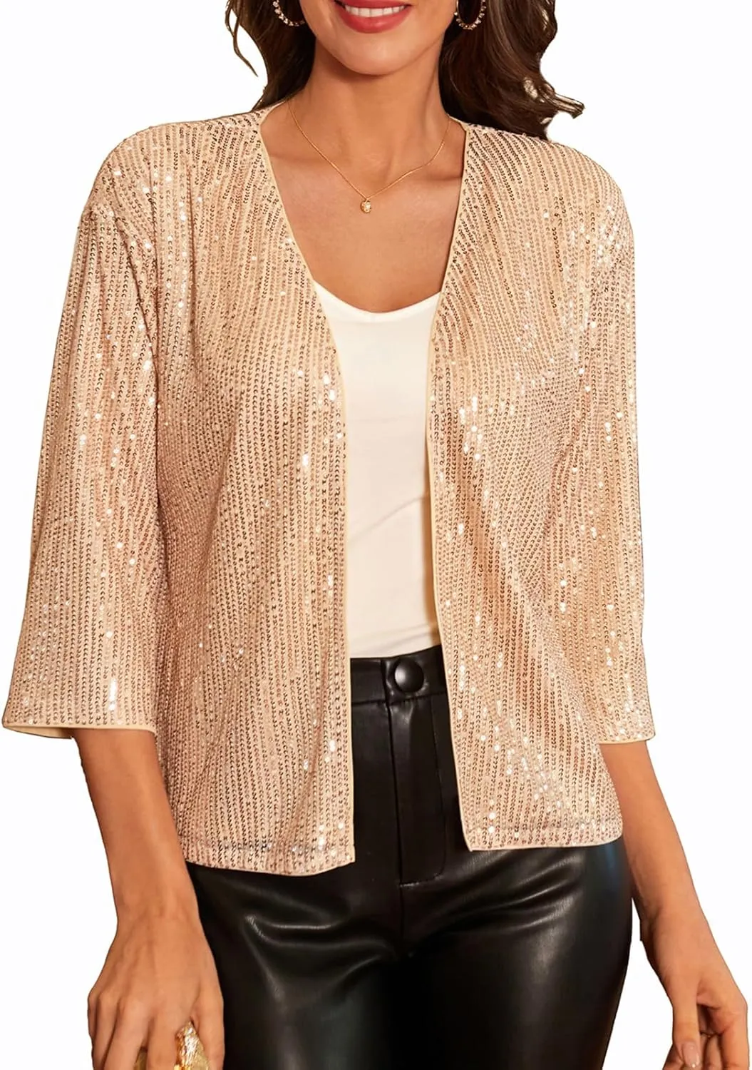 GRACE KARIN 2024 Women's 3/4 Sleeve Sequin Jackets Open Front Sequin Cardigan Sweaters Blazer S-2XL