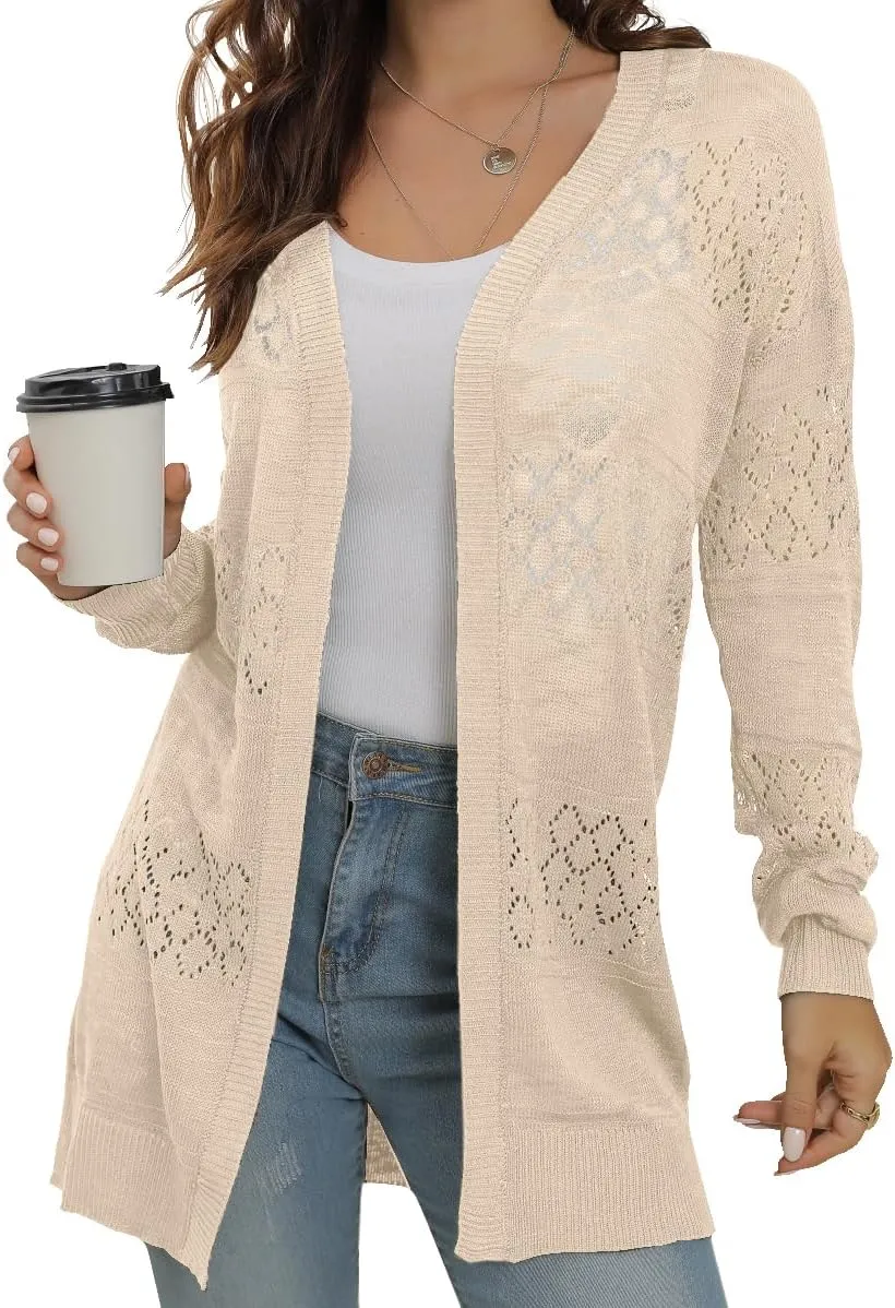 GRECERELLE Women's Lightweight Crochet Long Sleeve Loose Casual Open Front Cardigan Drape Sweaters Boho Summer Beach Coverups