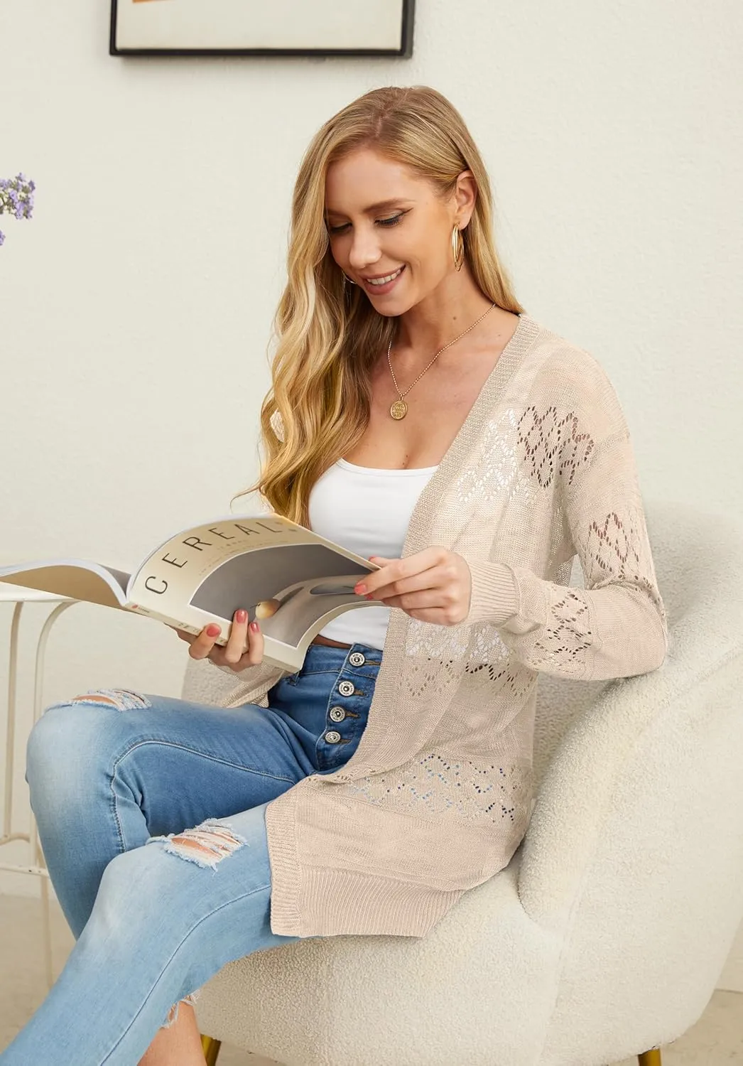 GRECERELLE Women's Lightweight Crochet Long Sleeve Loose Casual Open Front Cardigan Drape Sweaters Boho Summer Beach Coverups