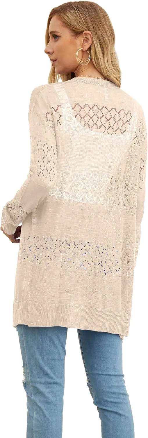 GRECERELLE Women's Lightweight Crochet Long Sleeve Loose Casual Open Front Cardigan Drape Sweaters Boho Summer Beach Coverups