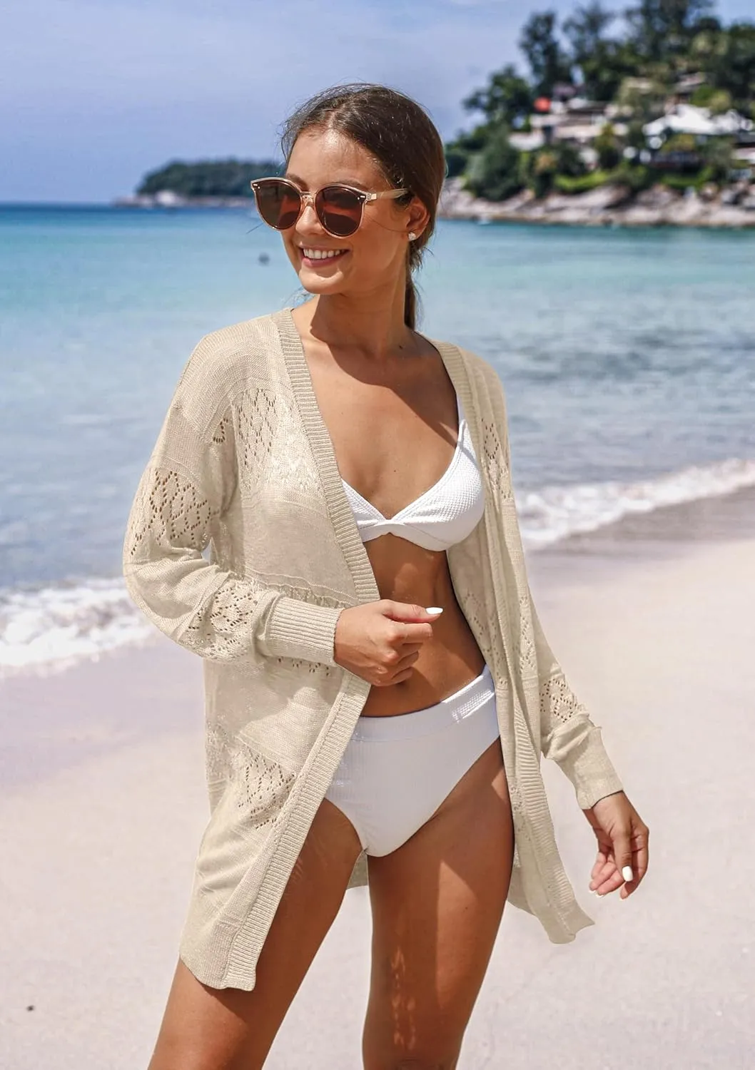 GRECERELLE Women's Lightweight Crochet Long Sleeve Loose Casual Open Front Cardigan Drape Sweaters Boho Summer Beach Coverups