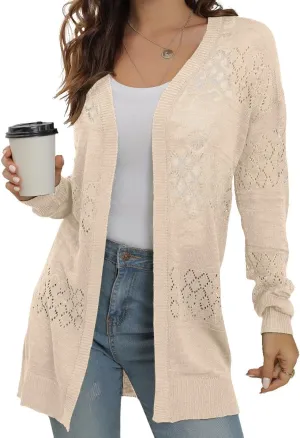 GRECERELLE Women's Lightweight Crochet Long Sleeve Loose Casual Open Front Cardigan Drape Sweaters Boho Summer Beach Coverups
