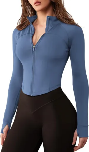 GYM RAINBOW Women's Zip Up Workout Jacket Lightweight Slim Fit Athletic Jacket Cropped Running Gym Tops with Thumb Holes