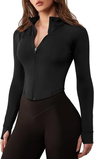 GYM RAINBOW Women's Zip Up Workout Jacket Lightweight Slim Fit Athletic Jacket Cropped Running Gym Tops with Thumb Holes