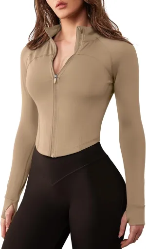 GYM RAINBOW Women's Zip Up Workout Jacket Lightweight Slim Fit Athletic Jacket Cropped Running Gym Tops with Thumb Holes