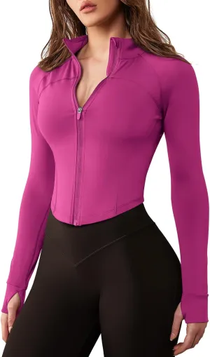 GYM RAINBOW Women's Zip Up Workout Jacket Lightweight Slim Fit Athletic Jacket Cropped Running Gym Tops with Thumb Holes