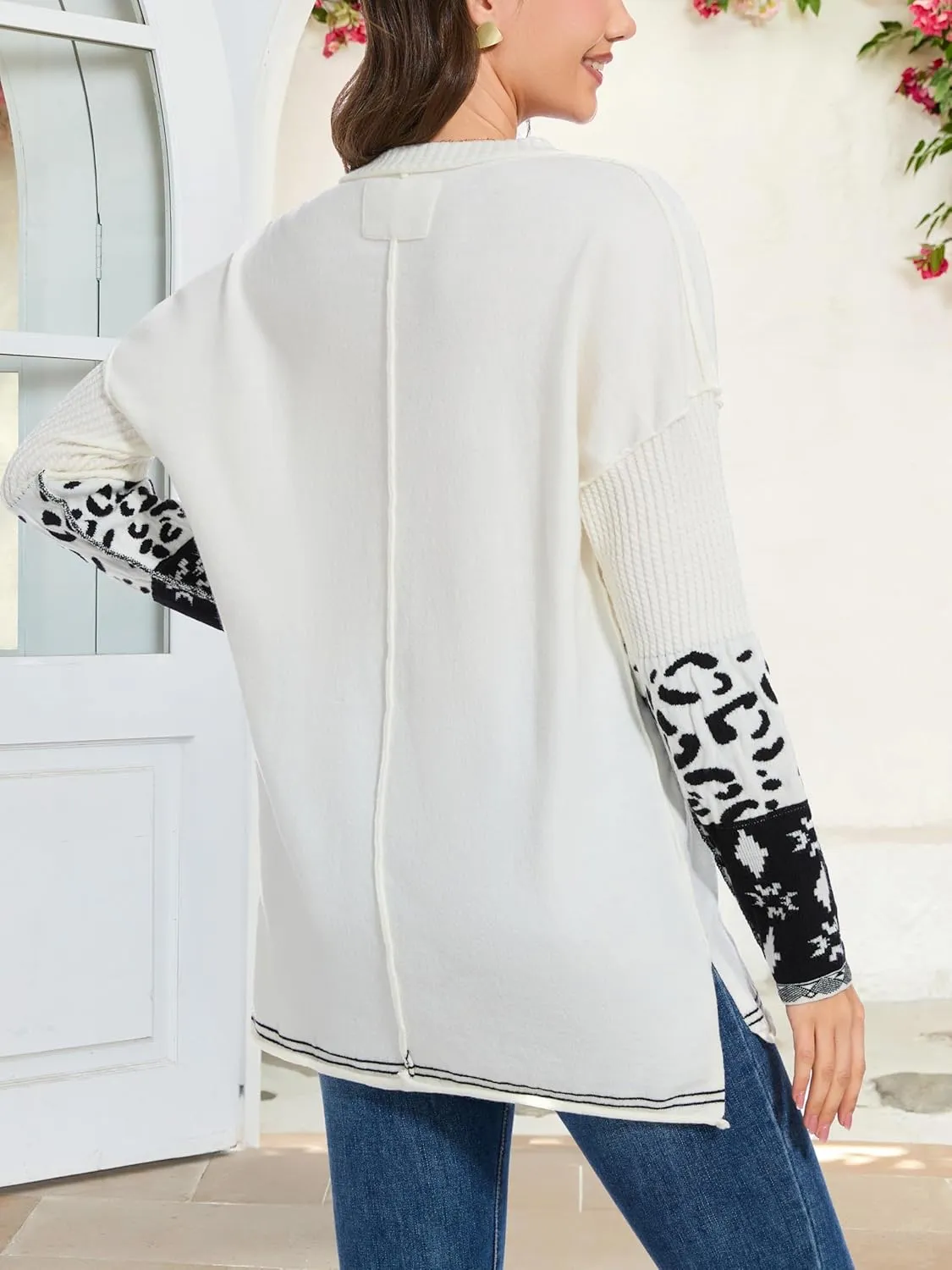 hathne Oversized Sweaters Pullover for Women Leopard Printed Cuff Casual Long Sleeve Knit Tops