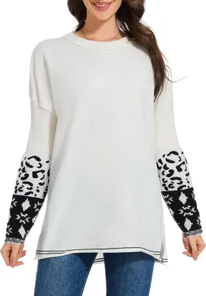 hathne Oversized Sweaters Pullover for Women Leopard Printed Cuff Casual Long Sleeve Knit Tops