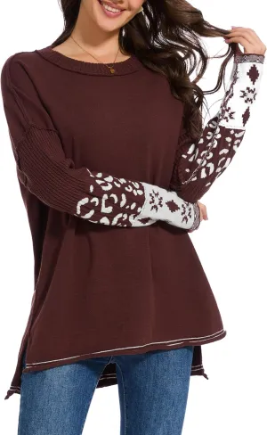 hathne Oversized Sweaters Pullover for Women Leopard Printed Cuff Casual Long Sleeve Knit Tops
