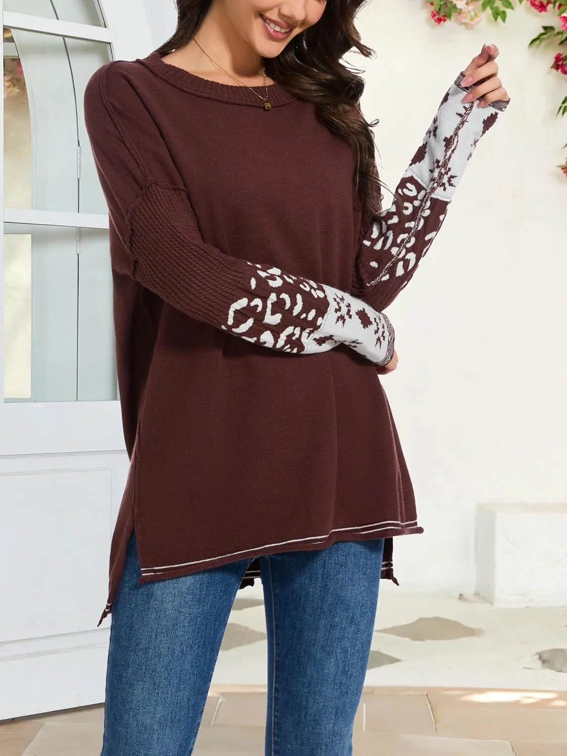 hathne Oversized Sweaters Pullover for Women Leopard Printed Cuff Casual Long Sleeve Knit Tops