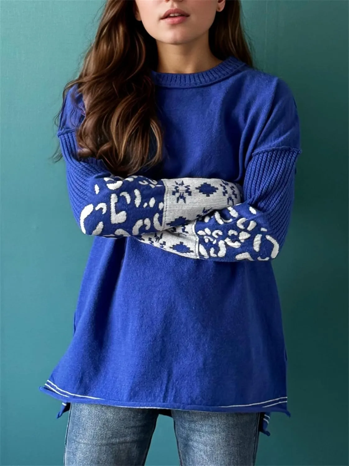 hathne Oversized Sweaters Pullover for Women Leopard Printed Cuff Casual Long Sleeve Knit Tops
