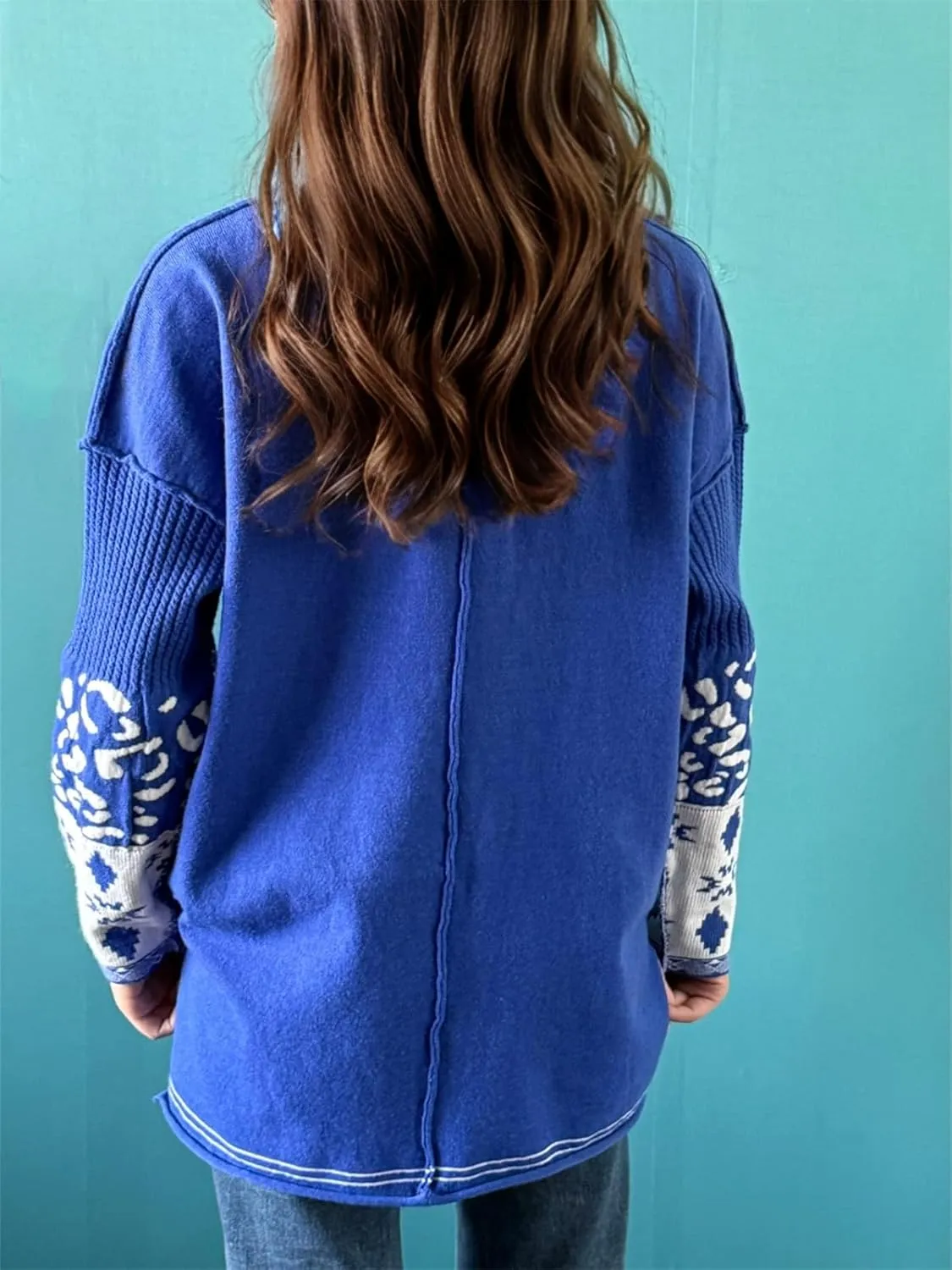 hathne Oversized Sweaters Pullover for Women Leopard Printed Cuff Casual Long Sleeve Knit Tops