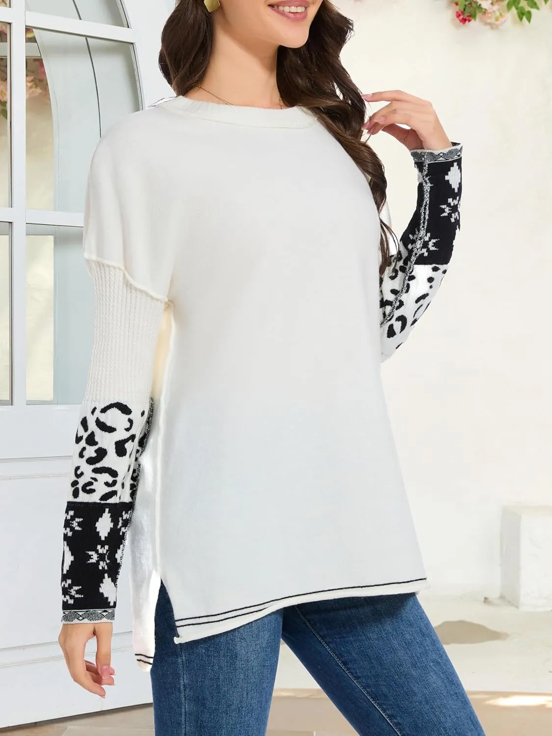 hathne Oversized Sweaters Pullover for Women Leopard Printed Cuff Casual Long Sleeve Knit Tops