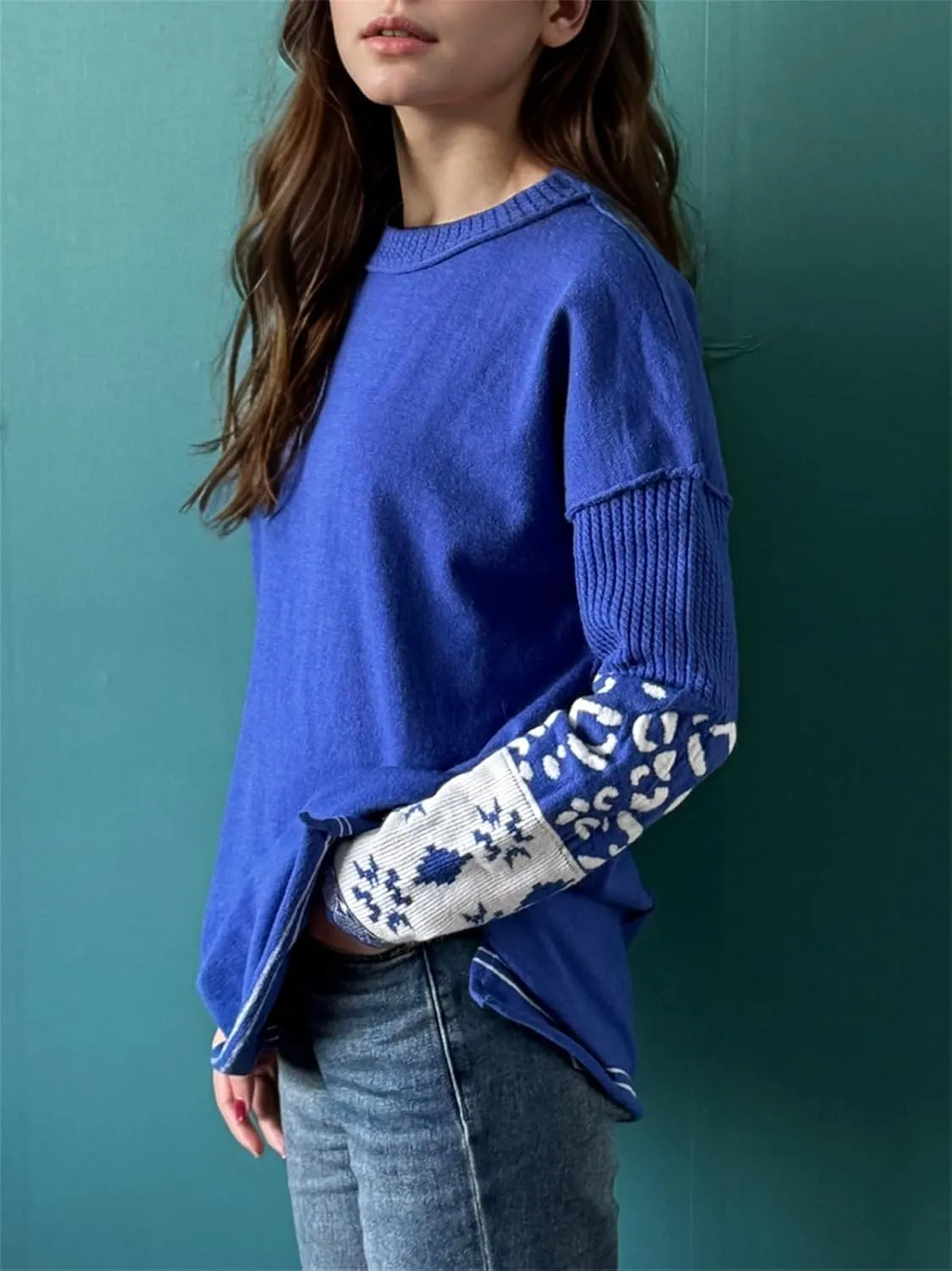 hathne Oversized Sweaters Pullover for Women Leopard Printed Cuff Casual Long Sleeve Knit Tops
