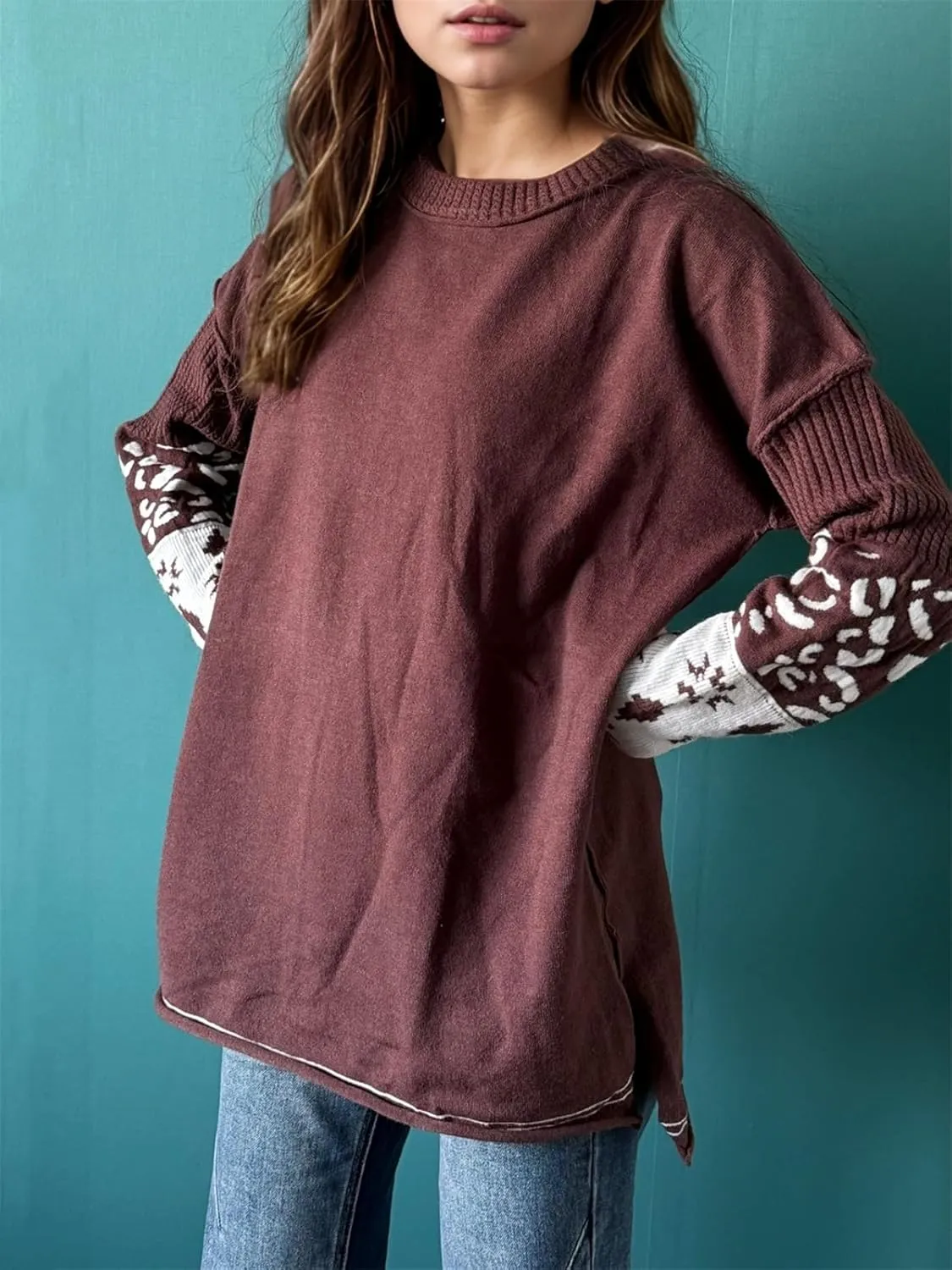 hathne Oversized Sweaters Pullover for Women Leopard Printed Cuff Casual Long Sleeve Knit Tops