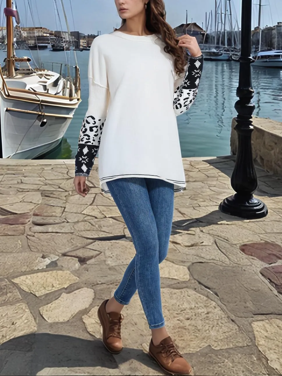 hathne Oversized Sweaters Pullover for Women Leopard Printed Cuff Casual Long Sleeve Knit Tops