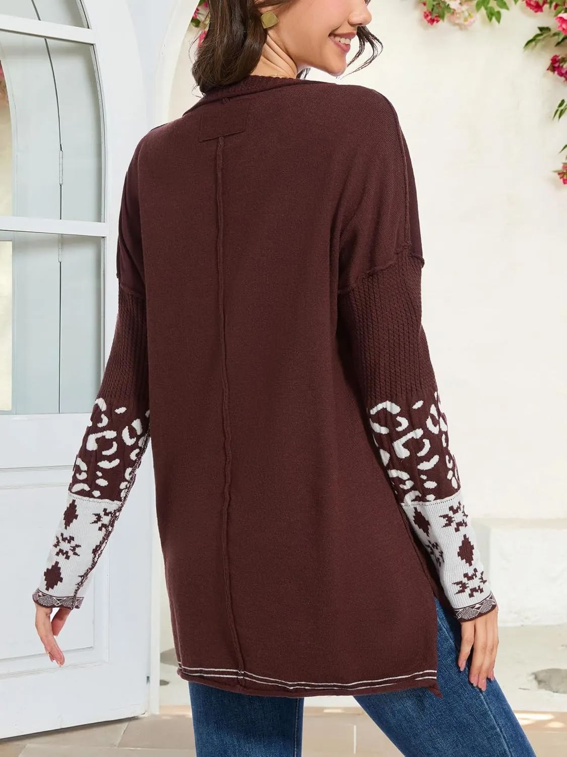 hathne Oversized Sweaters Pullover for Women Leopard Printed Cuff Casual Long Sleeve Knit Tops