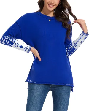 hathne Oversized Sweaters Pullover for Women Leopard Printed Cuff Casual Long Sleeve Knit Tops